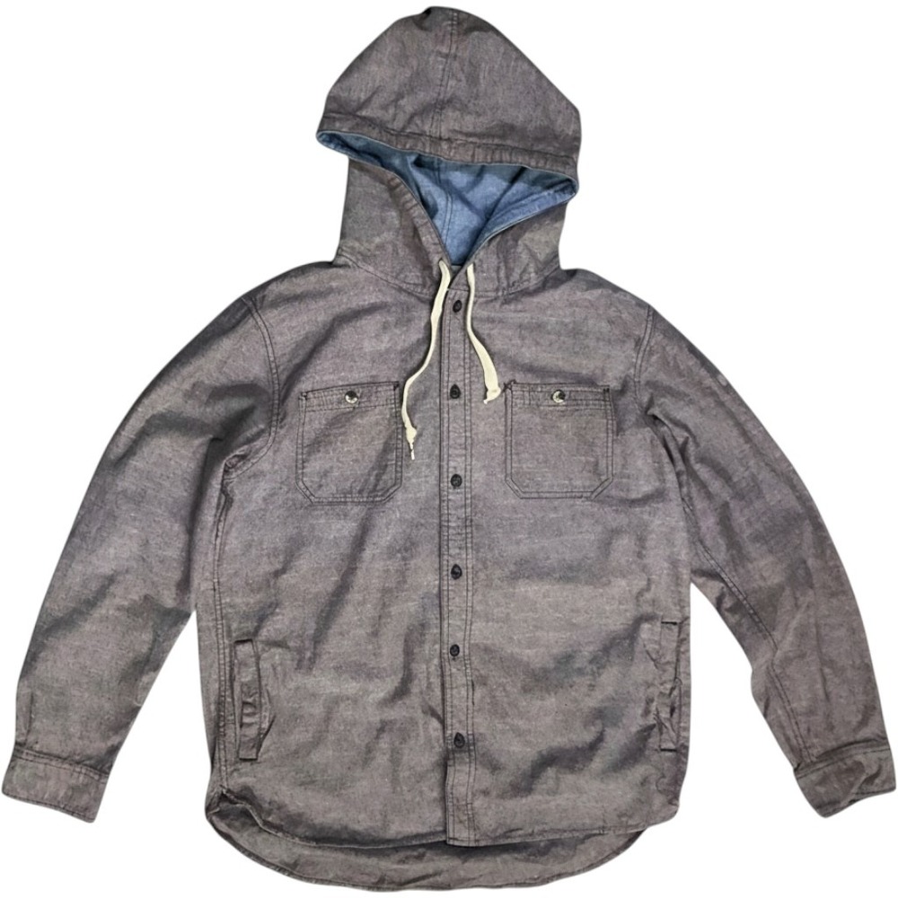 Modern Amusement Mens Large Gray‎ Hooded Button Down Shirt Shacket Long Sleeve L